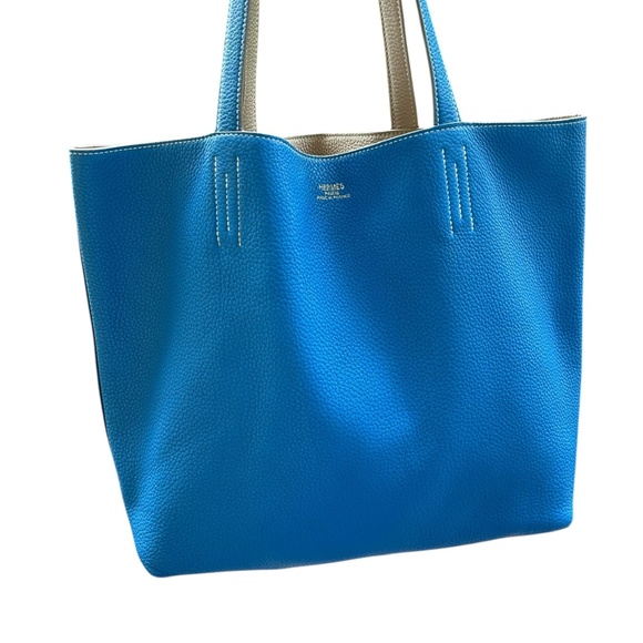 HERMES Clemence Double Sens 45 Reversible Blue Taupe Taurillon Leather Tote Bag - Picture 5 of 16